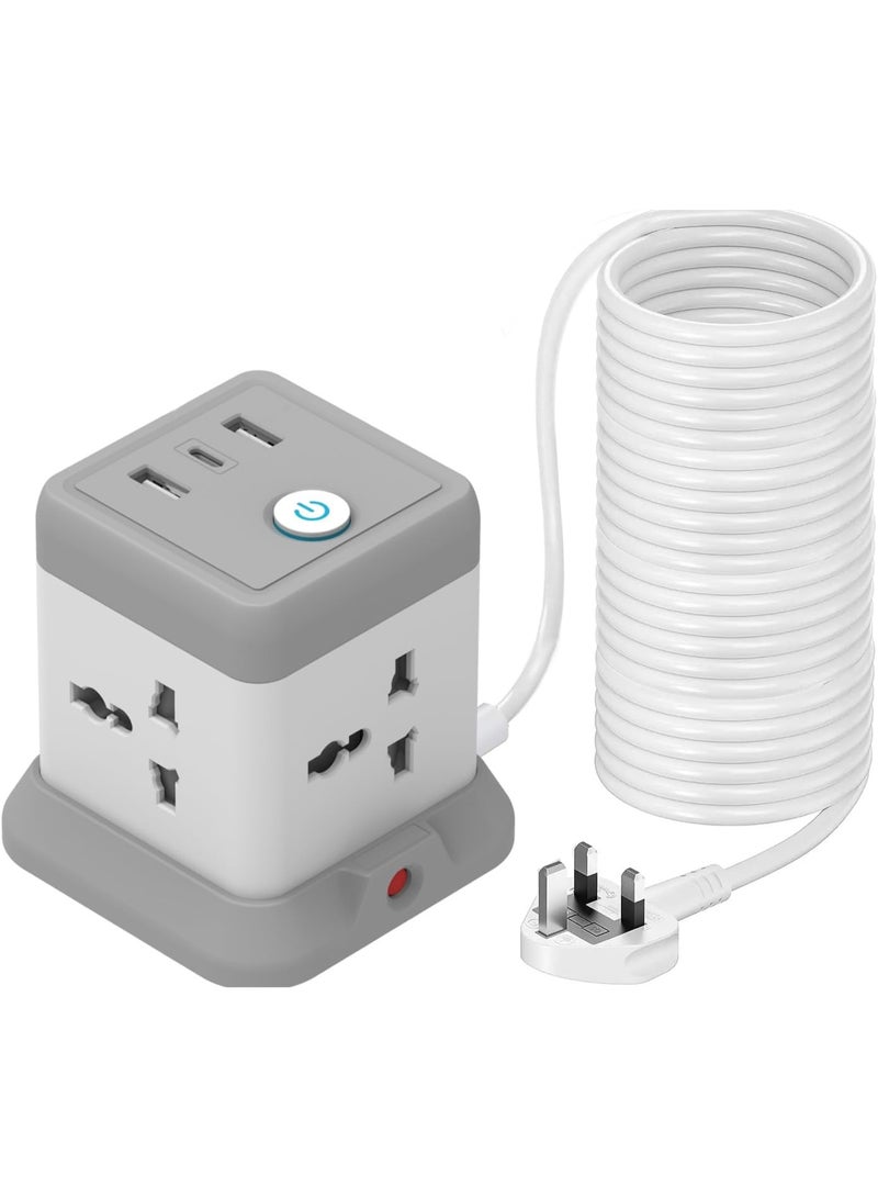 TYCOM Power Strip 10 meters Surge Protector with USB Type C Extension Cord Flat Plug with Widely 4 AC Outlet and 2 USB 1 Type C Small Desktop Station Grey - Image 1